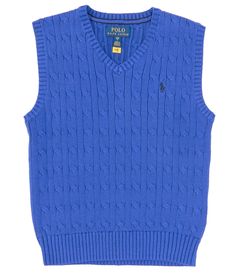 From Polo Ralph Lauren,classic fit Rib-knit sweater fabricV-neck ribbed armholes and hemPullover construction Signature embroidered Pony at the left chest.Size medium has a 21½" body length (front and back)Cotton Machine wash/line dryImported. Classic Cotton Crew Neck Sweater Vest, Classic Blue Cotton Sweater Vest, Blue Sleeveless Sweater Vest For Winter, Sleeveless Cable Knit Cotton Top, Fitted Cotton Cable Knit Sweater Vest, Sleeveless Knitted Cotton Sweater, Blue Sleeveless Knit Sweater, Cotton Sweater Vest For Winter, Casual Cable Knit Sleeveless Vest