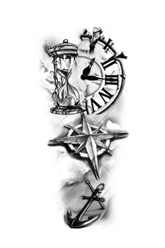 a black and white drawing of a clock