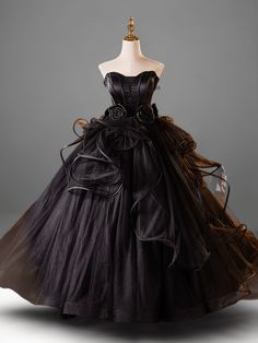 Gothic Black Tulle Ball Gown - Elegant Corset Back Wedding Dress with Floral Accents Plus Size Black Evening Dress With Boned Bodice For Prom, Black Wedding Ball Gown With Boned Bodice, Fitted Black Ball Gown For Costume Party, Black Evening Dress With Corset Back For Debutante Ball, Black Ball Gown Wedding Dress For Debutante Ball, Black Ball Gown For Debutante Ball, Black Gown For Quinceanera, Black Boned Bodice Dress For Debutante Ball, Black Evening Dress For Costume Party Or Prom