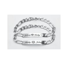 This personalized his and hers bracelet set is a perfect engraved gift for couples who would like something delicate that they can wear together! These beautiful and meaningful bracelets signify your love for each other, whether you are together or apart. Show your commitment with this memento of love and adoration. Let your sweetheart know just how much you care about them.  It is the ideal present for your anniversary, Valentine's Day or Christmas; or just any day to say "I love you." High Pol Meaningful Bracelets, Custom Engraved Bracelet, Silver Engraved Bracelet, Couples Bracelets, Bracelet Set Silver, Silver Heart Bracelet, Couples Bracelet, Medical Bracelet, Jewellery Marketing