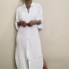 Brand New Size M Length 44” Bust 50” Summer Maxi Length Shirt Dress For Day Out, White Button-up Maxi Dress For Summer, White Long Shirt Dress For Summer, Summer Longline Maxi Dress For Daywear, Long White Shirt Dress For Spring, Summer Maxi Shirt Dress For Daywear, White Bohemian Shirt Dress For Summer, Summer Long Shirt Dress For Day Out, Casual Maxi-length Shirt Dress For Brunch