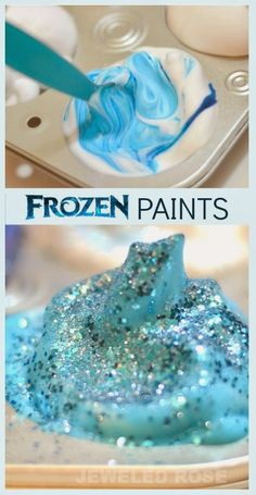 the process for making frozen paints with blue and green colors is shown in two pictures