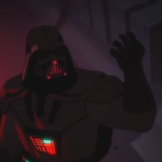 darth vader from star wars pointing at something in the distance with his hand up