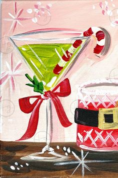 a painting of a christmas martini with a candy cane