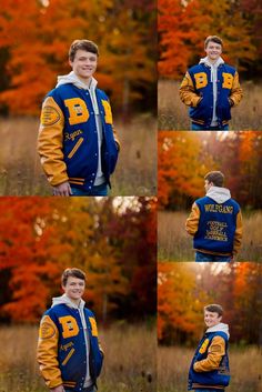 four pictures of a young man in a blue and yellow jacket, with trees in the background