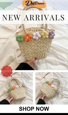 Little Flower Handmade Straw Crossbody Bag Spring Flower Shoulder Bag For Everyday Use, Trendy Flower Shaped Bag For Beach, Handmade Trendy Bags For Spring, Trendy Flower-shaped Beach Bag, Trendy Handmade Bags For Spring, Spring Floral Print Shoulder Bag, Spring Flower Shoulder Bag With Adjustable Strap, Flower Shaped Shoulder Bag With Adjustable Strap For Spring, Spring Multicolor Bucket Bag