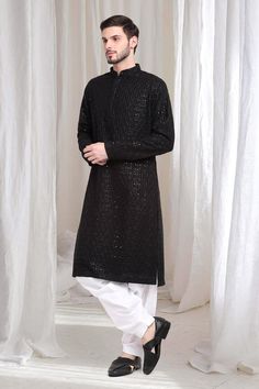 Black kurta with thread sequin embroidered floral checkered patterns. Comes with patiala. - Aza Fashions Patiala For Men, Black Kurta, Cocktail Reception, Checkered Pattern, Mandarin Collar, Aza Fashion, Black Cotton, Types Of Sleeves, Custom Made