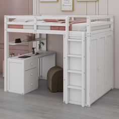 a loft bed with desk underneath it in a pink walled room next to a white wall