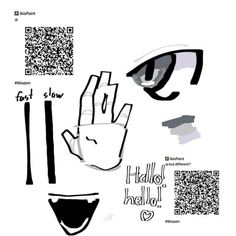 the hand is next to some qr - code symbols and other things that are in front of it