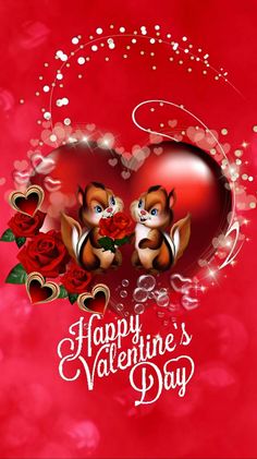 valentine's day wallpaper with two cats holding roses in the shape of a heart