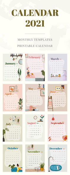 a calendar with different images and numbers on the front, in pastel tones for each month