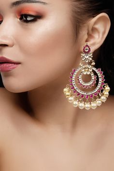 Pink And White Chand Baali Earrings Riana by Shikha Jindal - Fabilicious Fashion Traditional Indian Jewellery, Cloth Store, Indian Wedding Wear, Semi Precious Jewelry, Wedding Wear, 22k Gold, Indian Jewelry, Pink And White, Indian Wedding