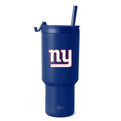 the new york giants 20oz travel tumbler is shown with a straw in it