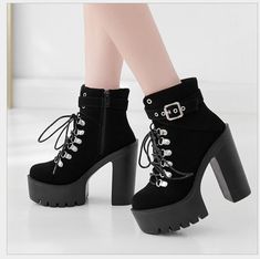 Woman Block Heel High Heel Platform Ankle Boots · KoKo Fashion · Online Store Powered by Storenvy Rough Heels, Chunky High Heels, Super High Heels, Dope Fashion, Buckle Shoes, Buckle Boots, Platform Ankle Boots, Martin Boots, Motorcycle Boots