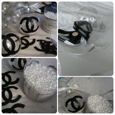 four pictures of chandeliers with pearls and ribbon on them, including one being made out of plastic beads