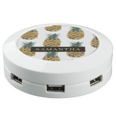 a white and gold pineapple pattern charger with the name savannah printed on it