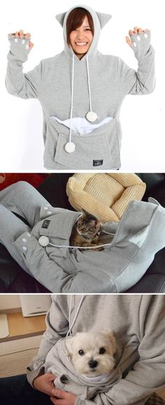 two pictures one showing a person in a cat costume and the other shows a dog wearing a hoodie