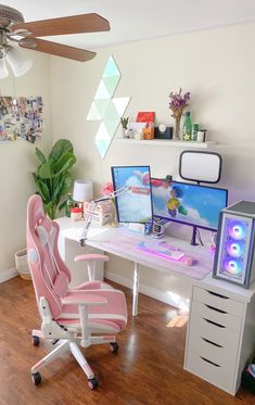 a pink chair sitting in front of a computer desk