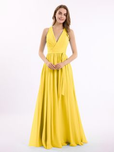 Bridesmaid Dresses & Bridesmaid Gowns | BABARONI Elegant Yellow Floor-length Chiffon Dress, V-neck Chiffon Maxi Dress With Tie Waist, Yellow V-neck Chiffon Dress For Party, Yellow V-neck Chiffon Party Dress, Yellow V-neck Chiffon Maxi Dress, Elegant Yellow Maxi Chiffon Dress, Elegant Chiffon Belted Dresses, Elegant Yellow Maxi Length Chiffon Dress, Elegant Belted Chiffon Dresses