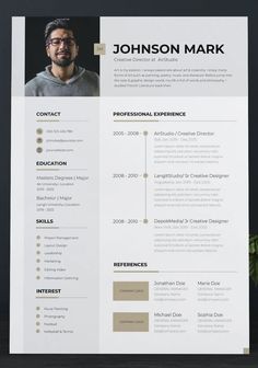 a clean and modern resume template with gold accents on the front, in black and white