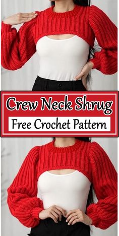 a woman wearing a red and white sweater with text overlay that reads, crew neck shing free crochet pattern