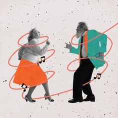 an image of two people dancing with music notes in the shape of circles around them