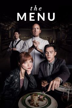 the menu poster with three people sitting at a table and one man holding a knife