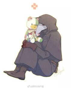 a person sitting down with a stuffed animal in their lap and wearing a hoodie