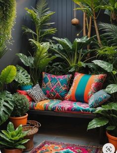 an outdoor seating area with plants and rugs