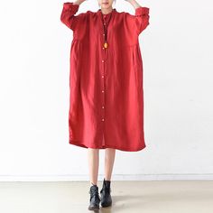 Women-Loose-Fitting-Linen-Dresses-summer-Casual-Women-Shirts-Dresses Spring Linen Dress With Relaxed Fit, Spring Relaxed Fit Solid Color Linen Dress, Spring Relaxed Fit Solid Linen Dress, Relaxed Fit Solid Color Linen Dress For Spring, Long Solid Color Shirt Dress For Summer, Long Solid Summer Shirt Dress, Long Solid Shirt Dress For Summer, Long Shirt Dress For Summer, Casual Ramie Linen Spring Dress