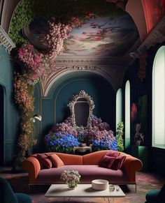 a living room filled with furniture and flowers