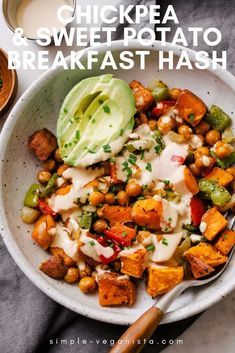 chickpea and sweet potato breakfast hash browns in a bowl with avocado