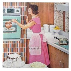 cute retro vintage cooking kitchen lady Ceramic Tile Size: Large. Gender: unisex. Age Group: adult. 50s Housewife, Rhapsody In Blue, Vintage Housewife, Retro Housewife, Vintage Baking, Vintage Cooking, Casa Vintage, Holiday Kitchen, Vintage Life