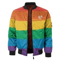 Stripe out your festival looks with the LGBTQ Rainbow Bomber Jacket, handcrafted for fully aligned edge-to-edge graphics. The vibrant horizontal stripes throughout in blue, yellow, orange and green were designed by our team of talented artists. Multicolor Cotton Outerwear For Streetwear, Casual Multicolor Outerwear For Festivals, Casual Cotton Rainbow Outerwear, Casual Rainbow Cotton Outerwear, Casual Multicolor Festival Outerwear, Retro Multicolor Outerwear For Streetwear, Pride Jacket, Astros Jacket, Trendy Leather Jacket