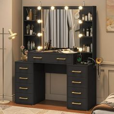 a black vanity with lights on it in a room