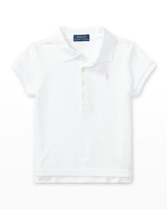 Ralph Lauren Childrenswear polo shirt with signature pony embroidery at chest. Spread collar; four-button front. Short sleeves. Ribbed trim. Straight hem. Pullover style. Cotton/spandex. Machine wash. Imported. Polo Shirt Girl, Designer Ralph Lauren, 50th Clothing, Kids Uniforms, Ralph Lauren Kids, Ralph Lauren Collection, Embroidered Shorts, Swim Fashion, Ralph Lauren Tops