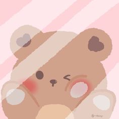 a brown teddy bear sitting on top of a pink background