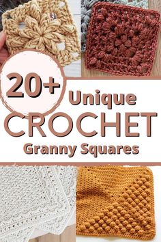 20 unique crochet granny squares with text overlay