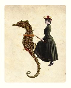 a woman in a dress and hat is holding a seahorse on a white background