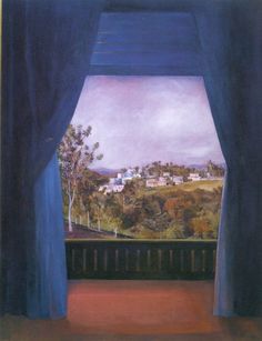 an oil painting of a window with blue curtains looking out onto a scenic valley and town