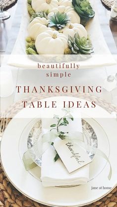 a thanksgiving table setting with white pumpkins and succulents