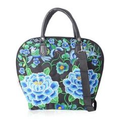 Blue, Green Flower And Bird Embroidered Black Canvas Travel Bag (17x6x14.5 In) With Shoulder Straps (36.5 In) Black Bags With Floral Embroidery For Spring, Black Bag With Floral Embroidery For Everyday Use, Everyday Use Black Bag With Floral Embroidery, Blue Bags With Floral Embroidery For Spring, Black Floral Embroidered Tote Shoulder Bag, Lv Favorite Mm, Black Canvas Bag, Canvas Travel Bag, Guess Purses