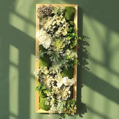 an arrangement of white flowers and greenery in a wooden box with the words my little cactus