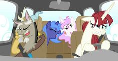 three ponies are sitting in the back seat of a car and one is driving