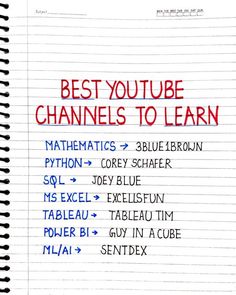 a notebook with the words best youtubee channels to learn written in red and blue