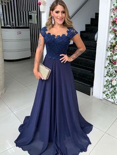 A-Line/Princess Chiffon Lace Scoop Sleeveless Sweep/Brush Train Mother of the Bride Dresses Evening Dresses Long Elegant Navy Blue, Navy Blue Prom Dresses, Mother Wedding Dress, Bride Groom Dress, Gowns Prom, Mothers Dresses, Wedding Dress Shopping, Groom Dress, Prom Dresses Blue