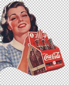 a woman holding up a box of coca - cola in front of her face and smiling