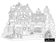 a black and white drawing of a store front