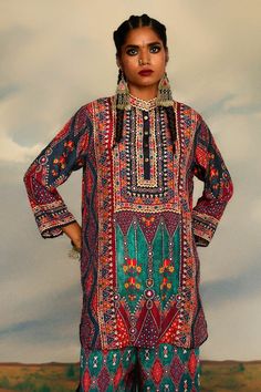 Multi color three fourth sleeves band collared tunic with all over Ancient fleur art print and mirror, multi thread hand embroidered details. - Aza Fashions Rajdeep Ranawat, High Low Tunic, Tunic Pattern, Embroidered Details, Band Collar, Womens Tunics, Aza Fashion, Silk Printing, Hand Embroidered