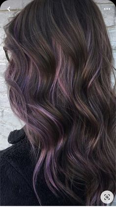 Brown Purple Hair Highlights, Dark Hair Lavender Highlights, Lavender On Brown Hair, Purple Streaks In Brown Hair Highlights, Ash Brown Hair With Purple Highlights, Brunette Hair Color With Purple Highlights, Brown Hair Black Balayage, Purple In Brown Hair Subtle, Ash Brown And Purple Hair